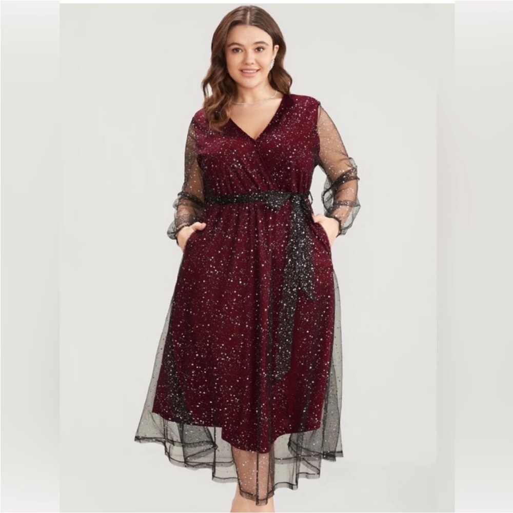 BloomChic Burgundy Glitter Mesh Wrap Midi Dress with Black Belt